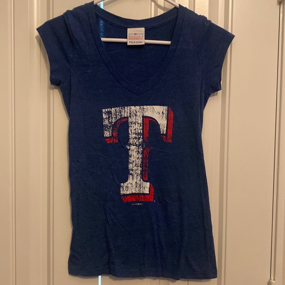 Woman’s small blue fitted vneck t-shirt with distressed Texas Rangers logo